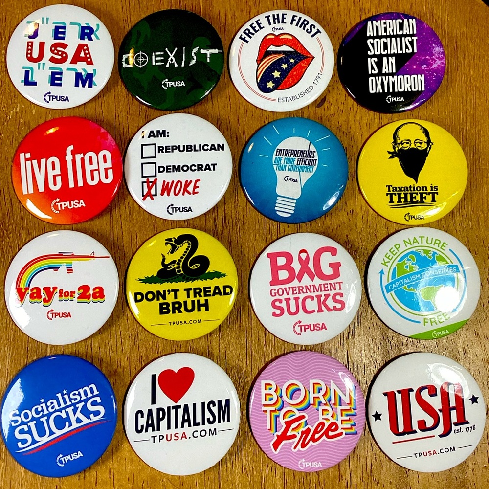 TPUSA Charlie Kirk 16 Buttons 2 1/2 “ HUGE LOT Only $4 Per Button! Rare Find Vtg